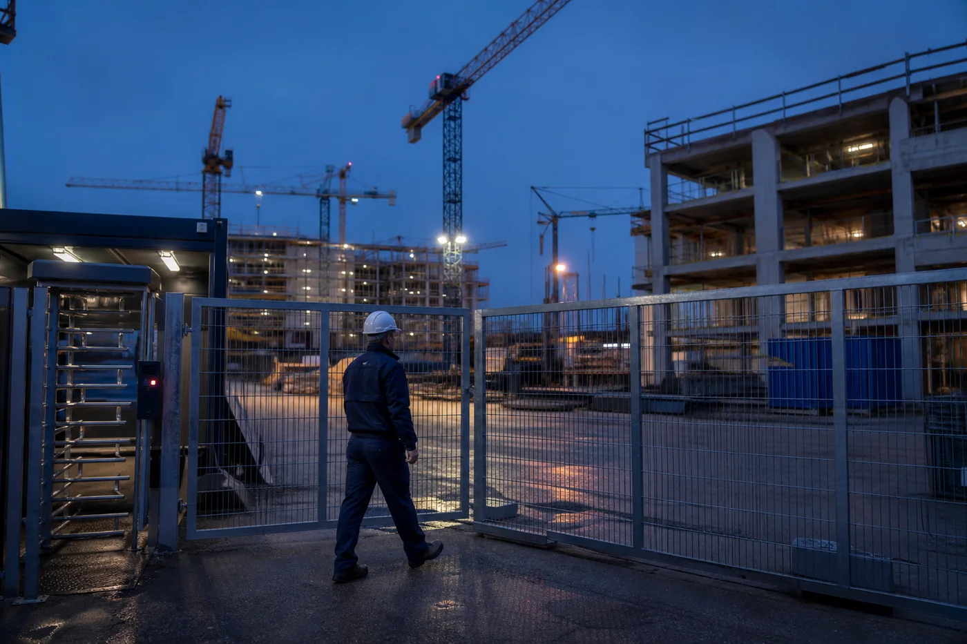 Bewachte Baustelle mit Sicherheitsmitarbeiter bei Abendlicht