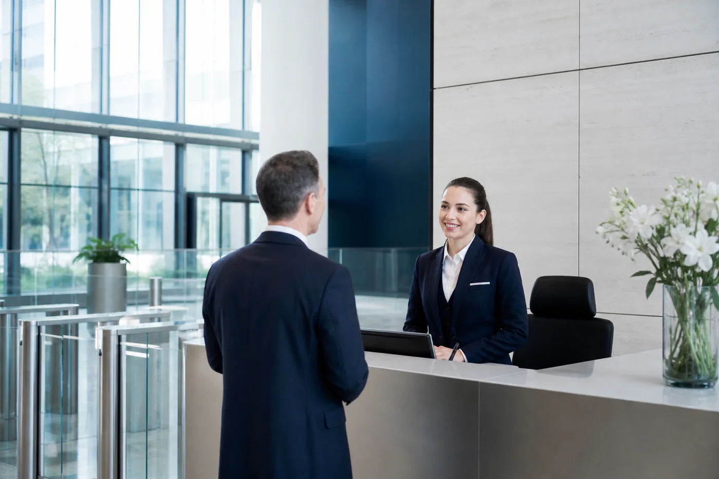 Professioneller Empfang in einem modernen Unternehmensgebäude